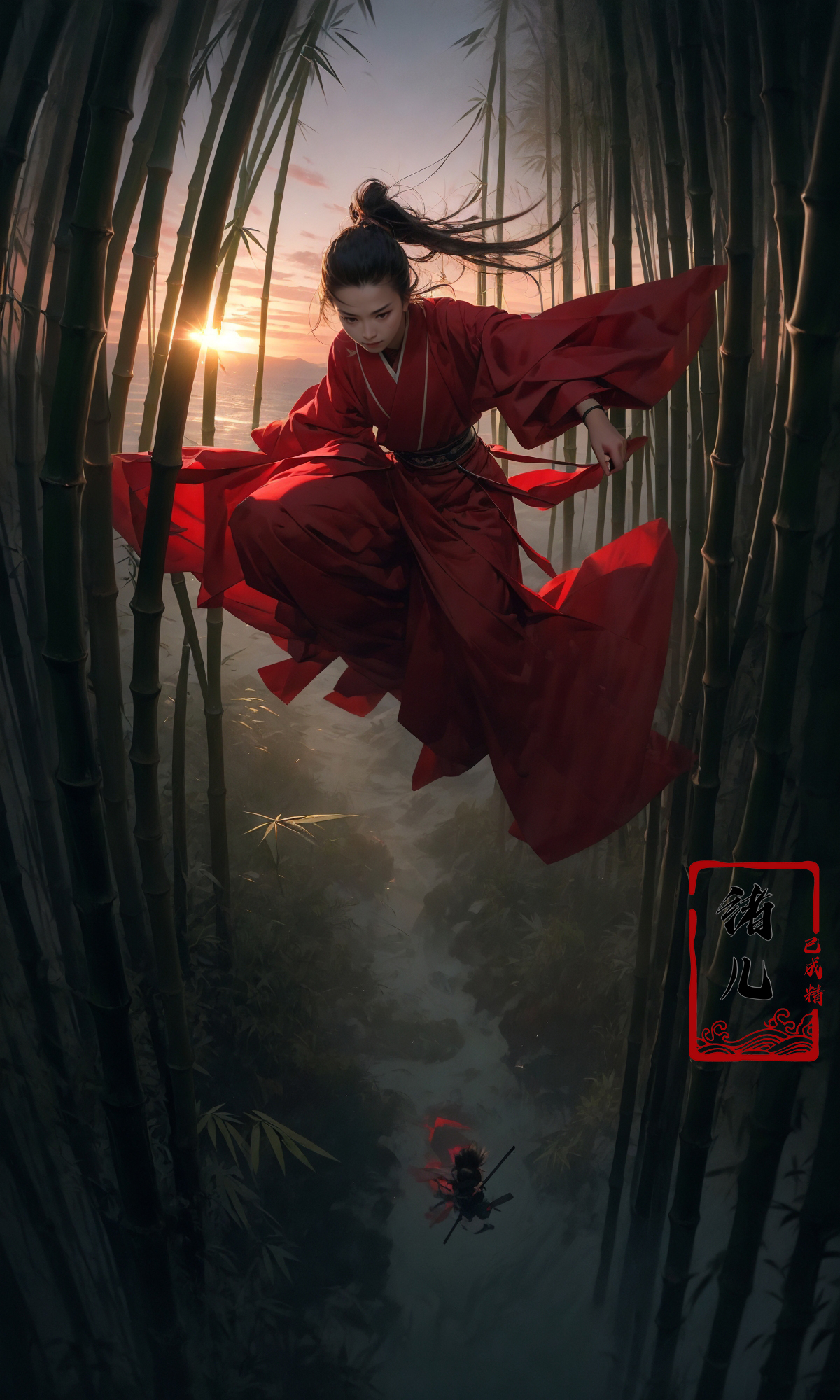 606247209521969135-1455191998-To shoot from above.  ，art by Zao Wou-ki，extreme close - up, focus on face, A woman in red Hanfu, wearing a white transparent ve.jpg